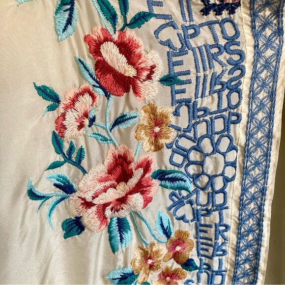 Johnny Was Utopia Kimono 100% Silk Floral Letter Embroidered Cream Blue Size XL - Picture 9 of 16